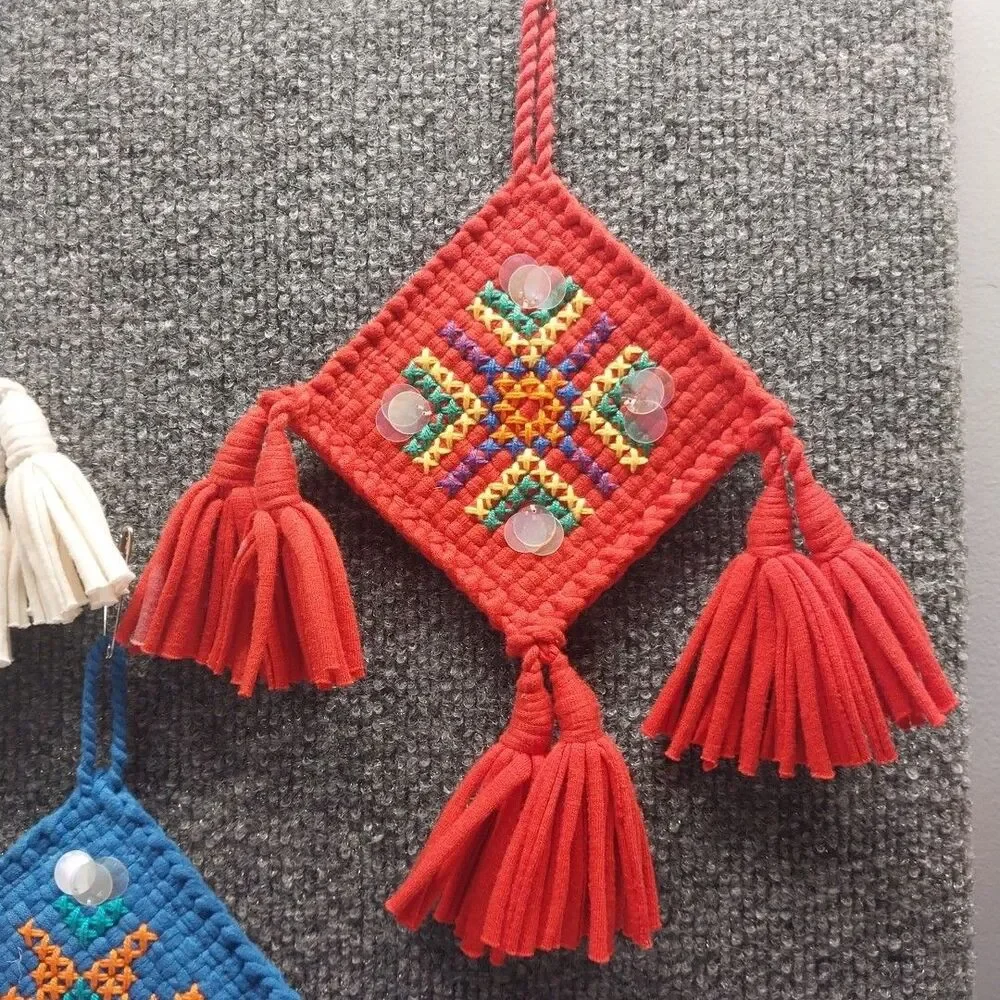 Vintage 70s Boho Yarn Wall Hanging Set of 4 Mini Tassel Folk Art Plaques 4